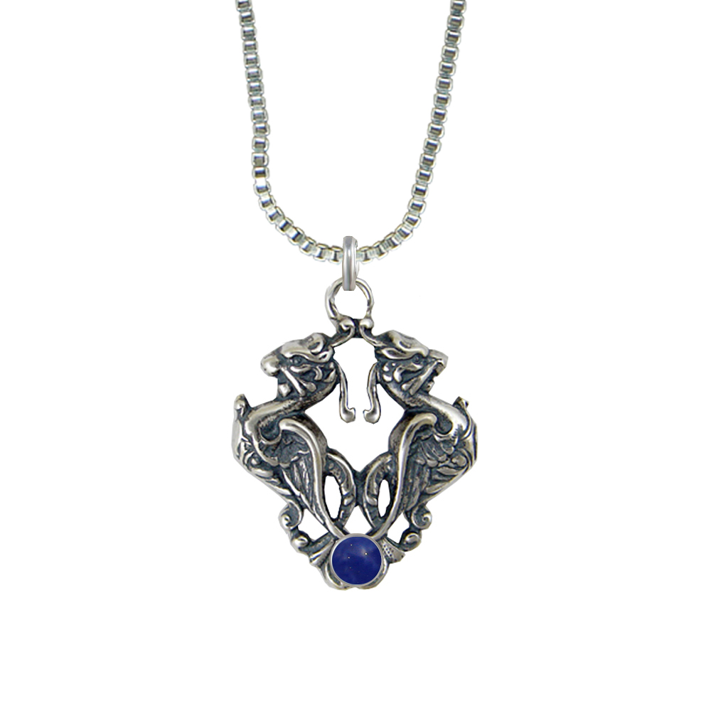 Sterling Silver Double Phoenix Crest Pendant With Lapis Lazuli